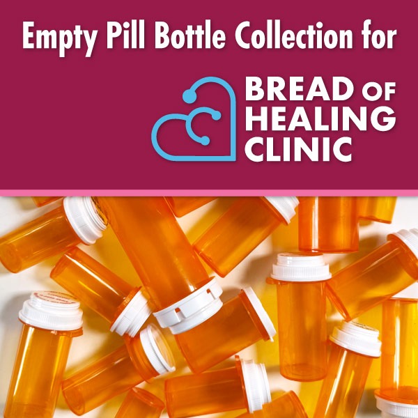 Image of Empty Pill bottles to be donated to Bread of Healing Clinic